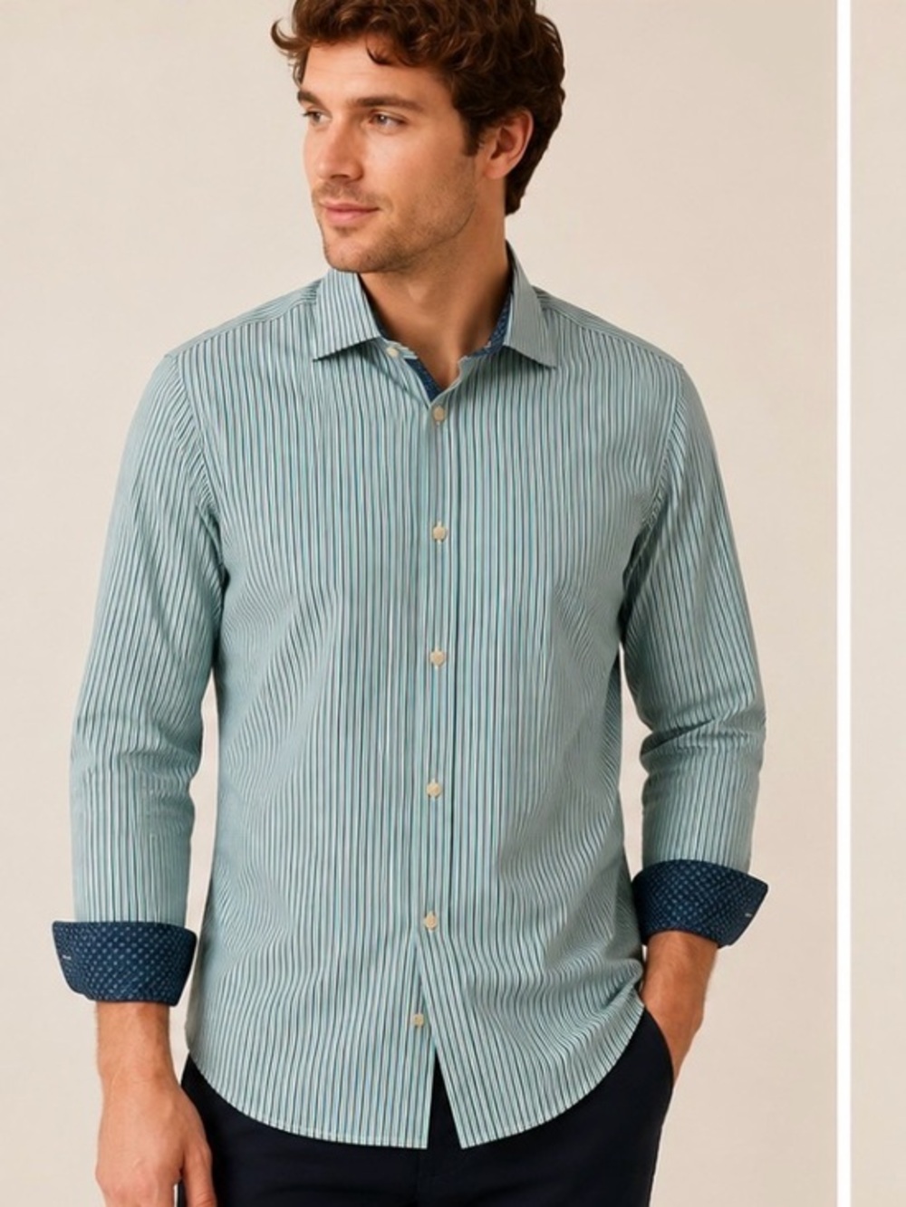 Ted Baker Teal & White Fine-Stripe Button-Down Shirt SIZE MEDIUM